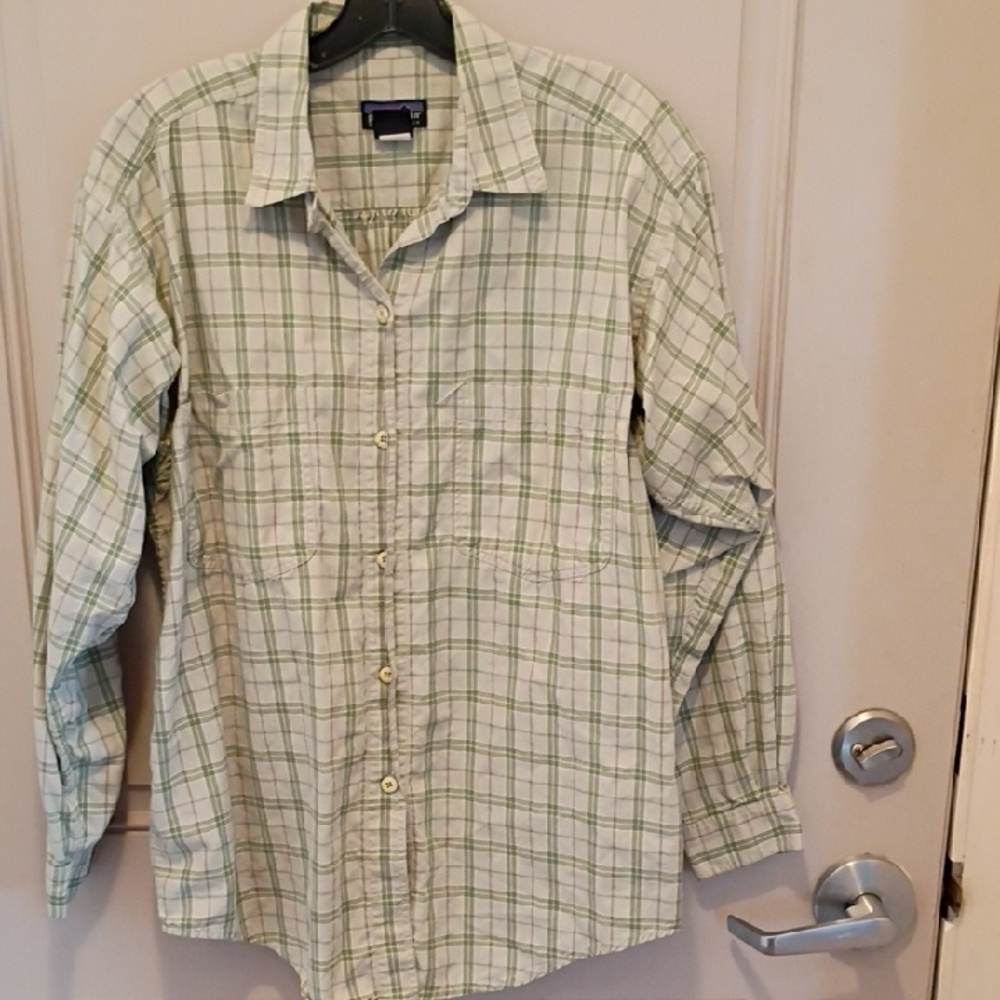 Patagonia Light Green and White Plaid Button-Down Shirt
